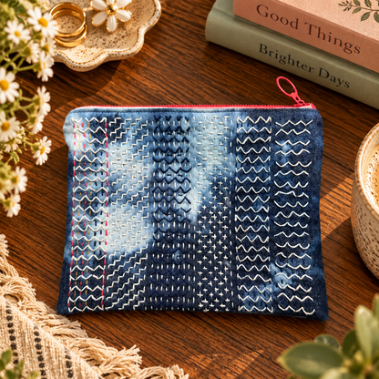 Hand-stitched Sashiko Sampler Zipper Clutch styled product photo