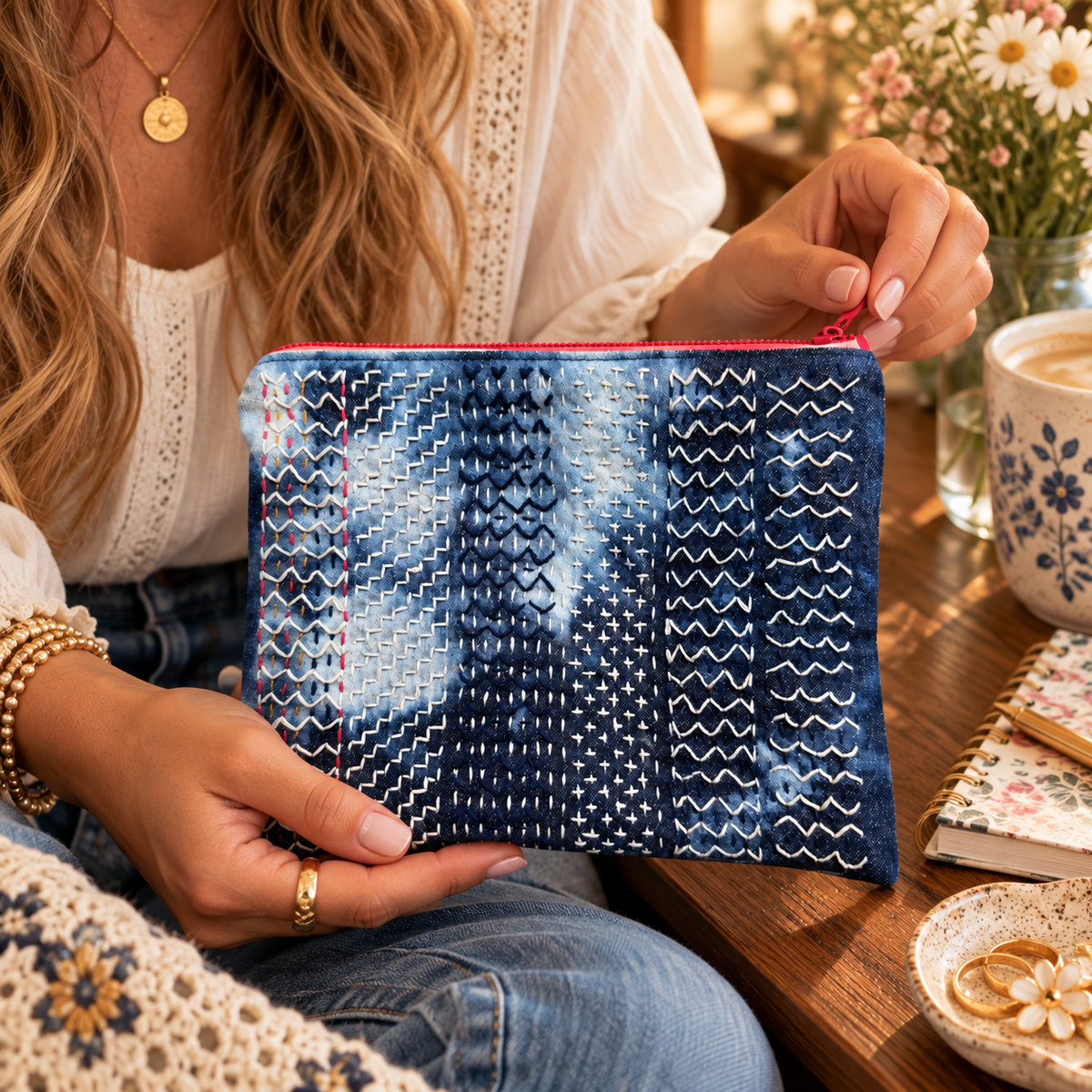 Hand-stitched Sashiko Sampler Zipper Clutch held at realistic scale