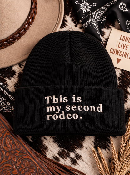 Black embroidered This Is My Second Rodeo beanie styled product photo
