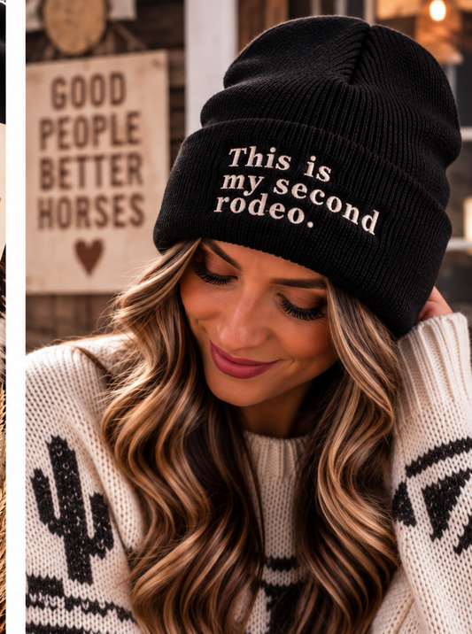 Black embroidered This Is My Second Rodeo beanie lifestyle photo