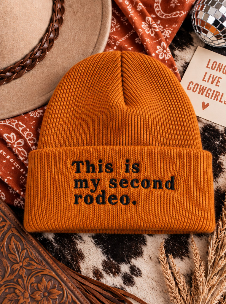 Dark orange This Is My Second Rodeo embroidered beanie styled product photo