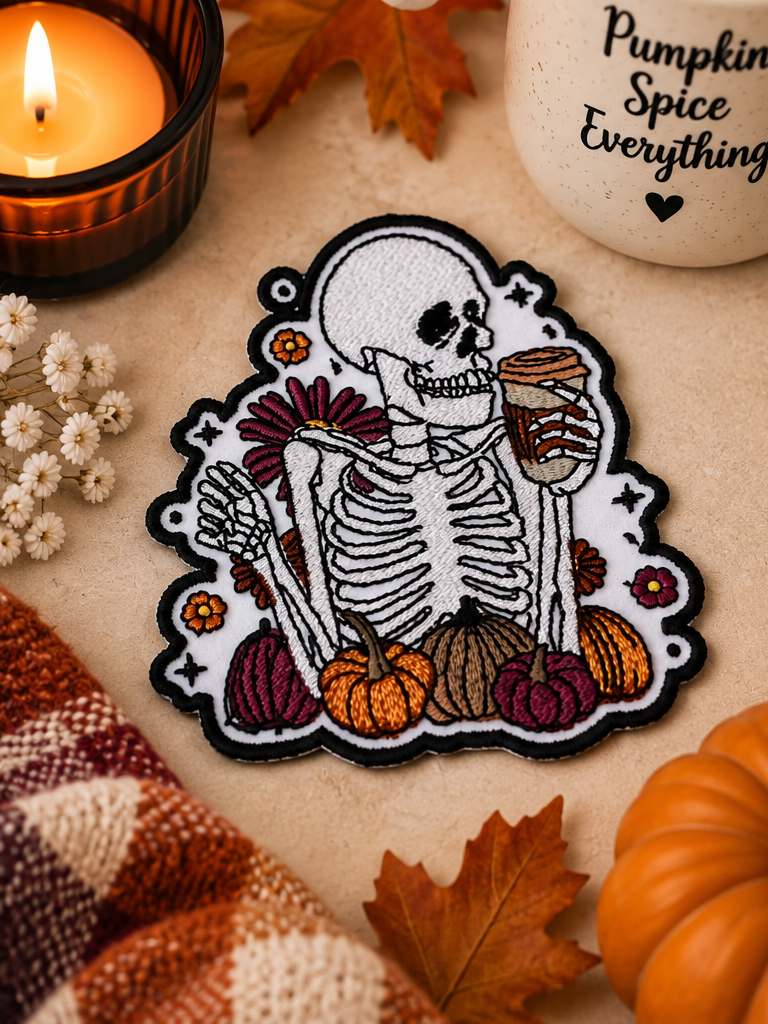 Skeleton Fall Vibes embroidered patch styled with pumpkins, candlelight and pumpkin spice coffee