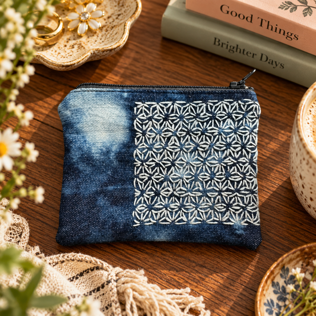Small hand-stitched sashiko zip pouch with gray zipper styled product photo