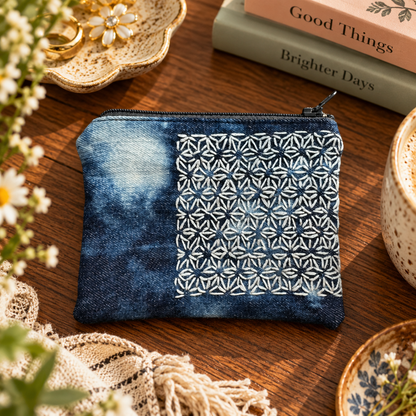 Small hand-stitched sashiko zip pouch with gray zipper styled product photo