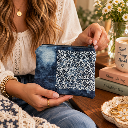 Small hand-stitched sashiko zip pouch with gray zipper held at realistic scale