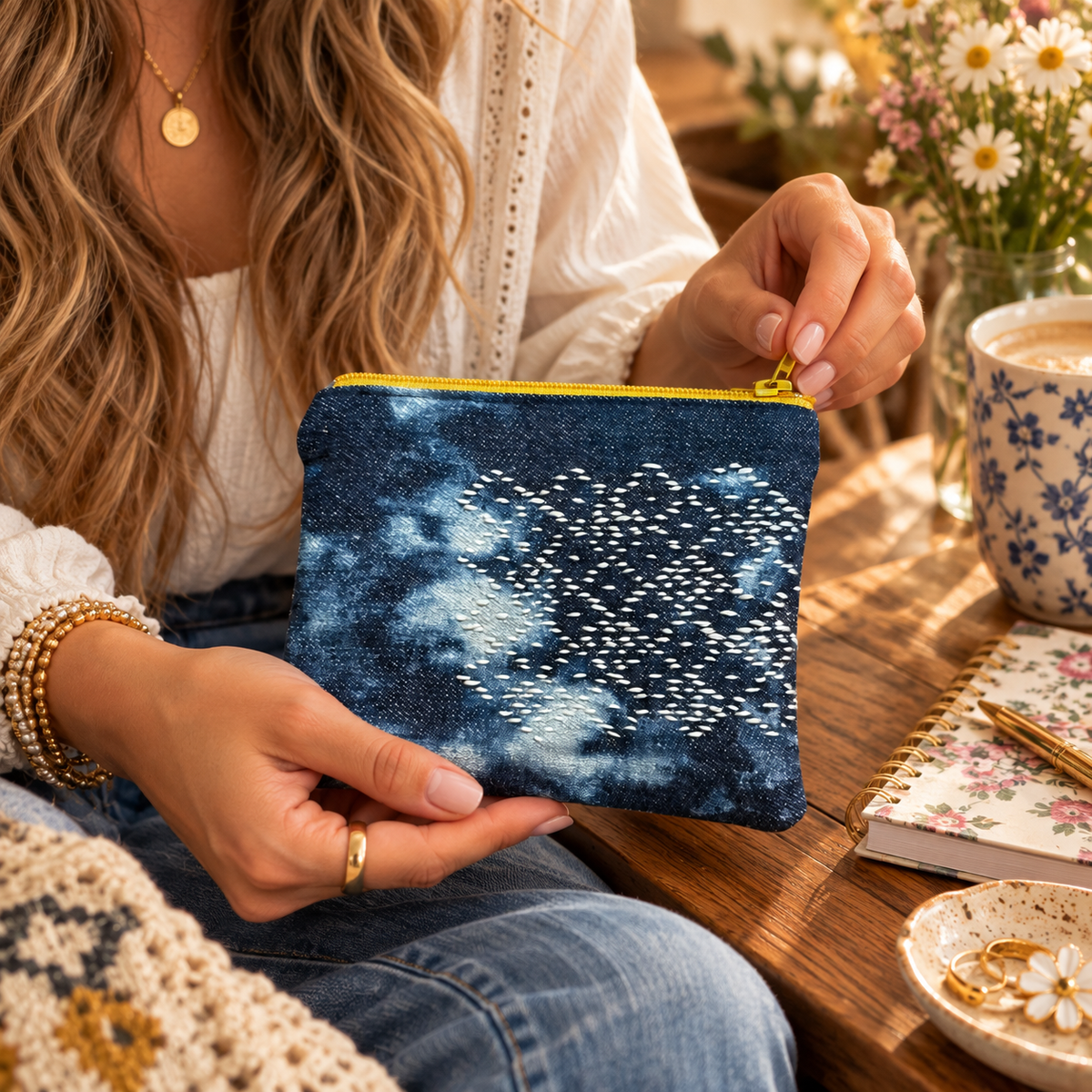Small hand-stitched sashiko zip pouch with yellow zipper held at realistic scale