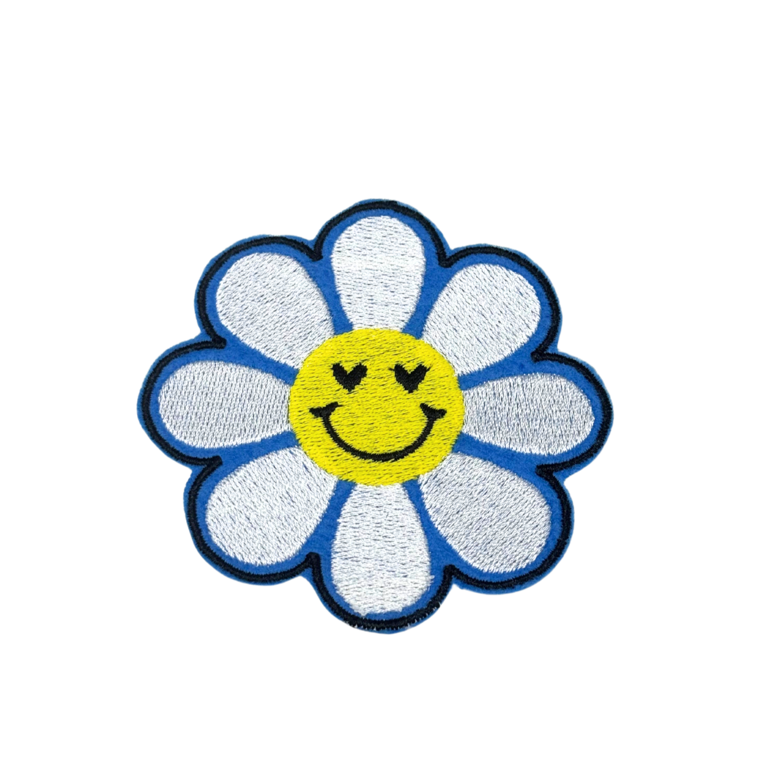 Embroidered blue daisy smiley face patch with heart eyes on white background