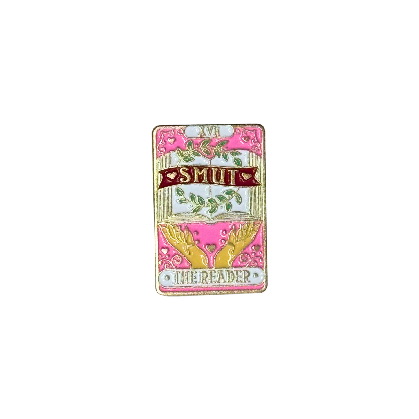 “Tarot-style Smut — The Reader enamel pin front view”


