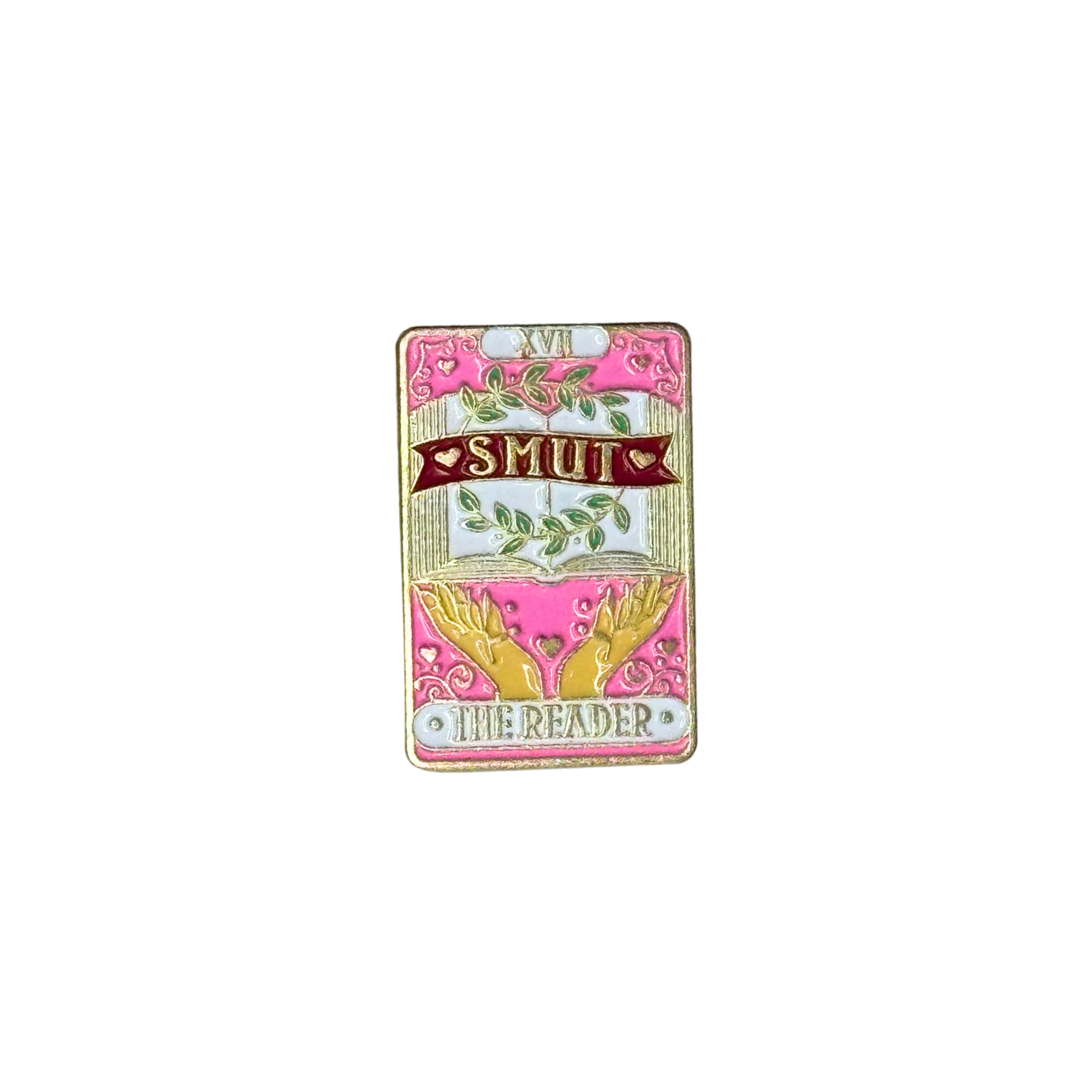 “Tarot-style Smut — The Reader enamel pin front view”

