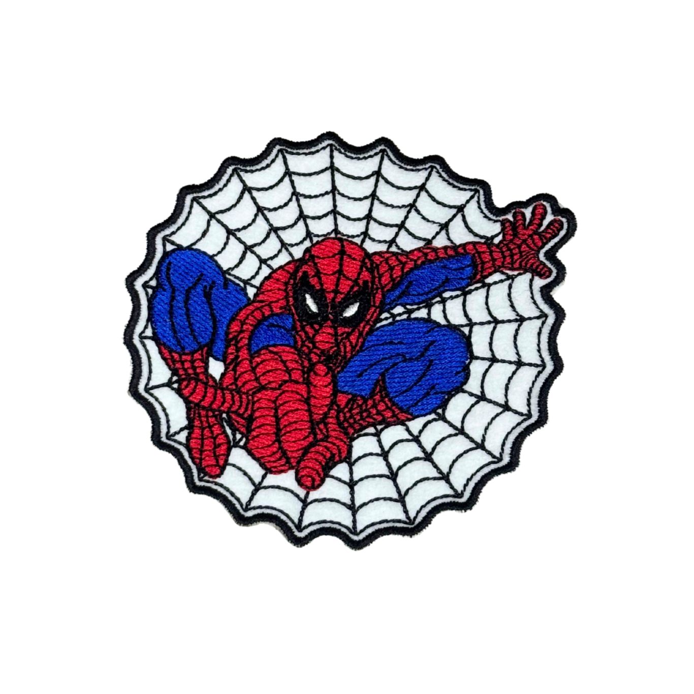Embroidered Spider-Man patch on white background