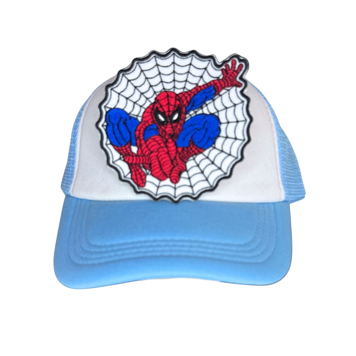 Spider-Man iron-on patch shown on a blue and white trucker hat