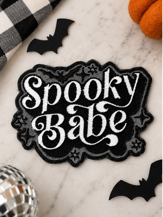 Spooky Babe embroidered iron-on patch styled for Halloween