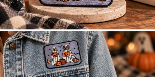 Spooky Pups embroidered Halloween patch worn on a light denim jacket