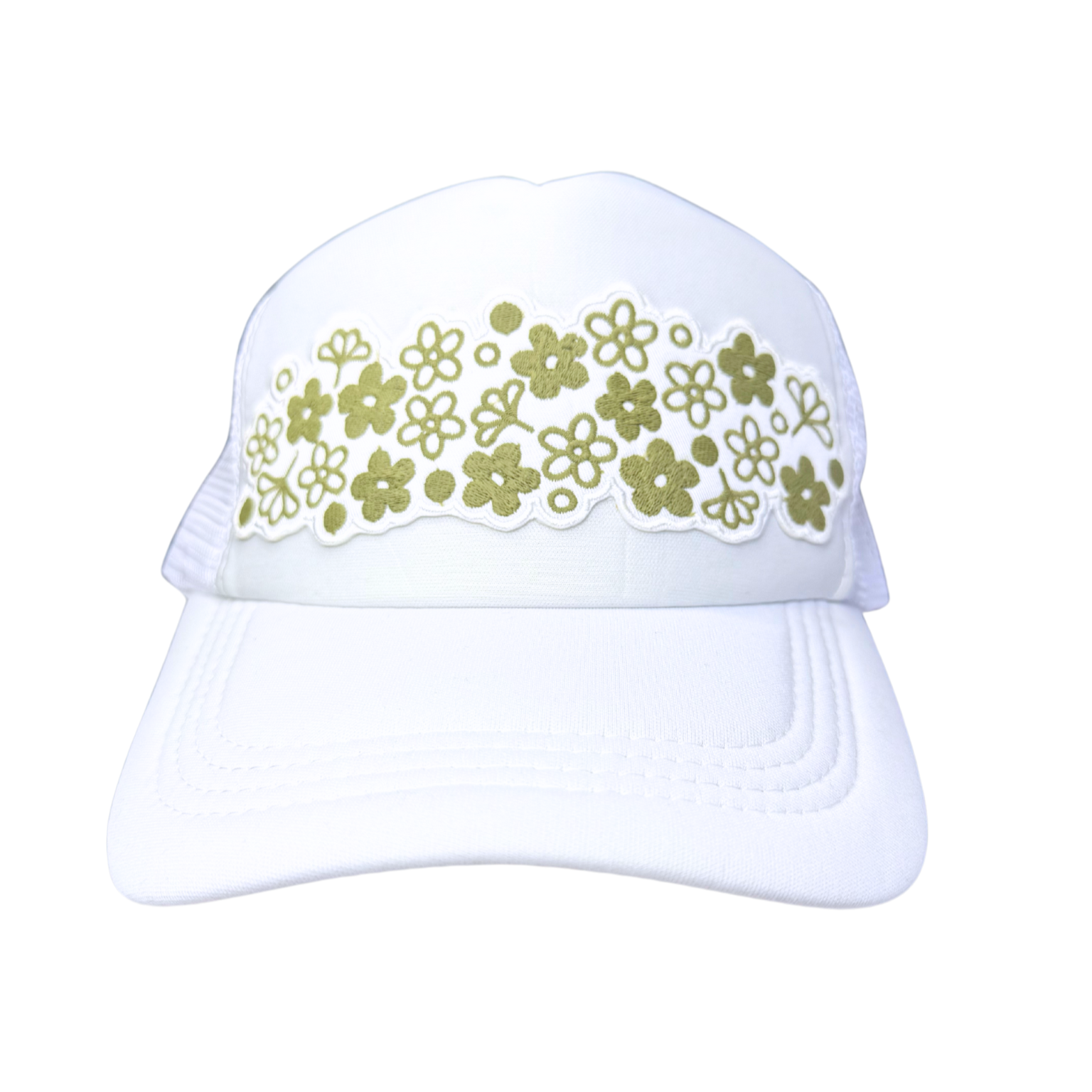 Front view of white trucker hat with vintage Pyrex Spring Blossom floral patch in olive green
