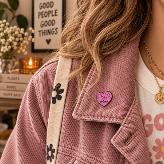 Stay Weird pink heart enamel pin worn on a dusty pink jacket lapel