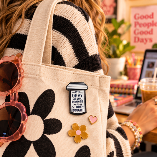 Store-Bought Serotonin enamel pin on canvas tote lifestyle image