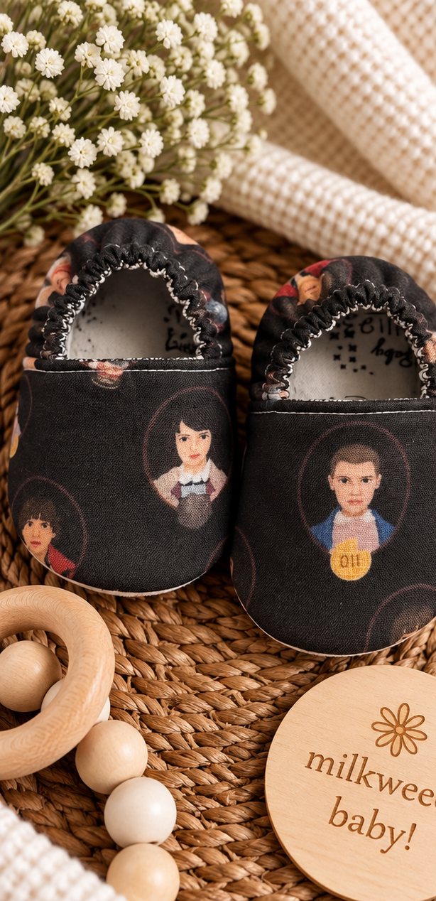 Handmade black cotton Stranger Things inspired baby shoes, size 3-6 months