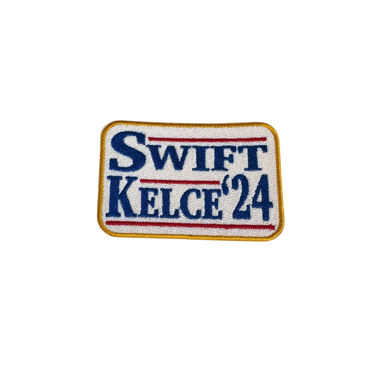 Embroidered patch with “Swift Kelce ‘24” in red, white, and blue
