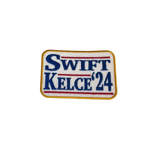 Embroidered patch with “Swift Kelce ‘24” in red, white, and blue
