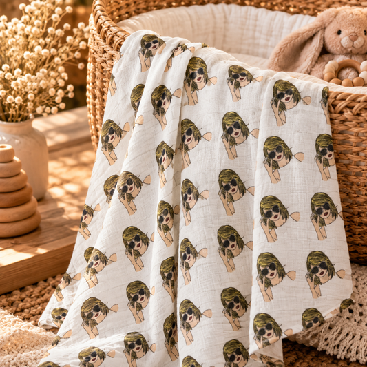 Swiftie baby swaddle styled in a warm boho nursery