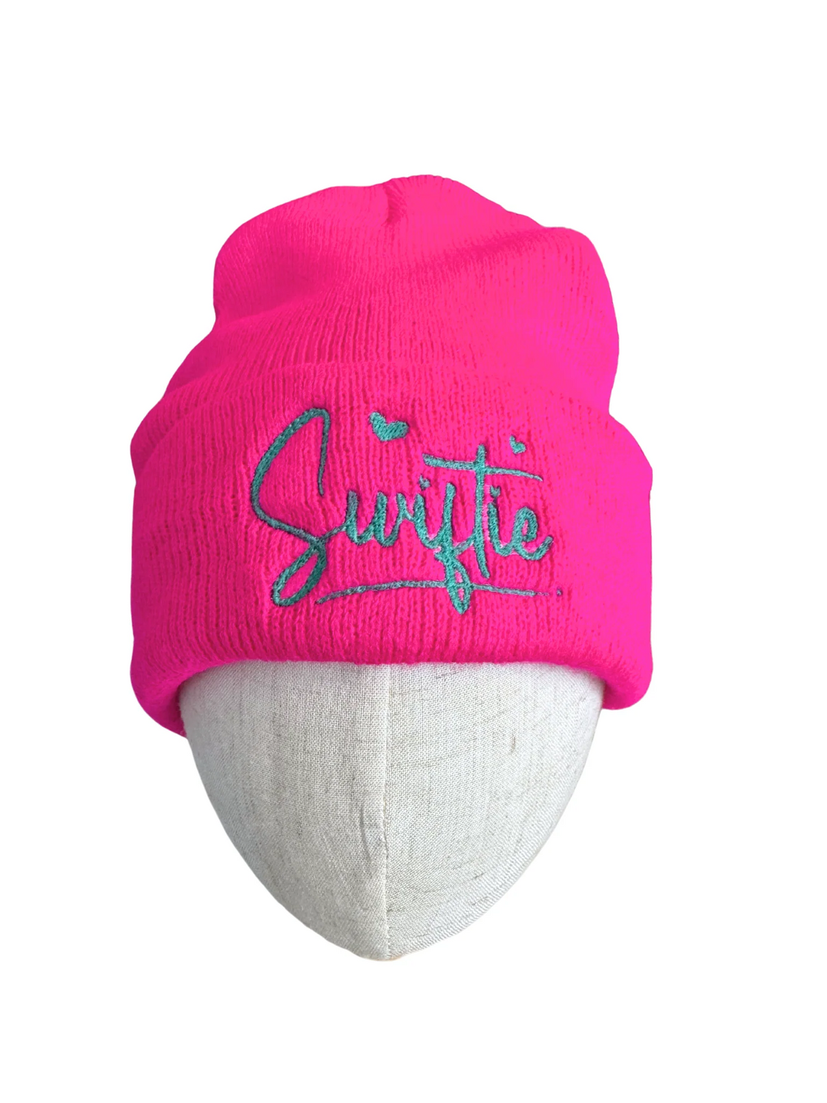 Hot pink knit beanie with teal Swiftie embroidery