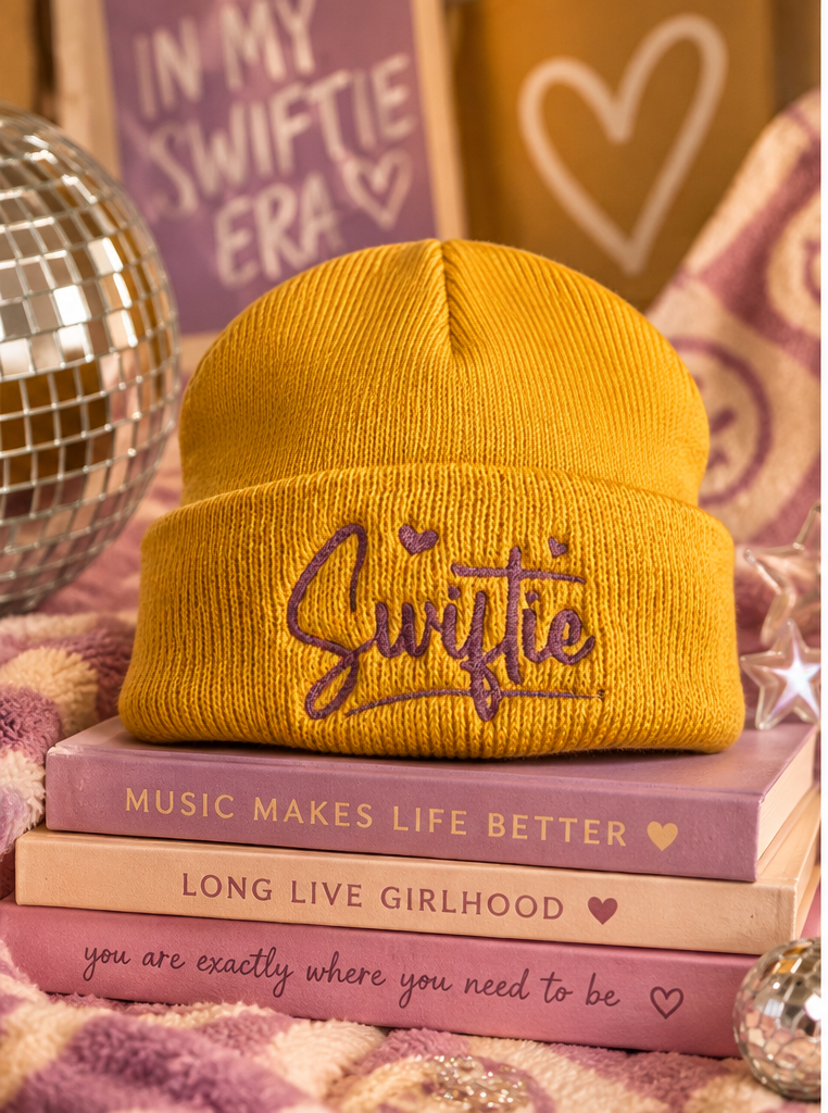 Mustard yellow youth Swiftie embroidered beanie styled product photo