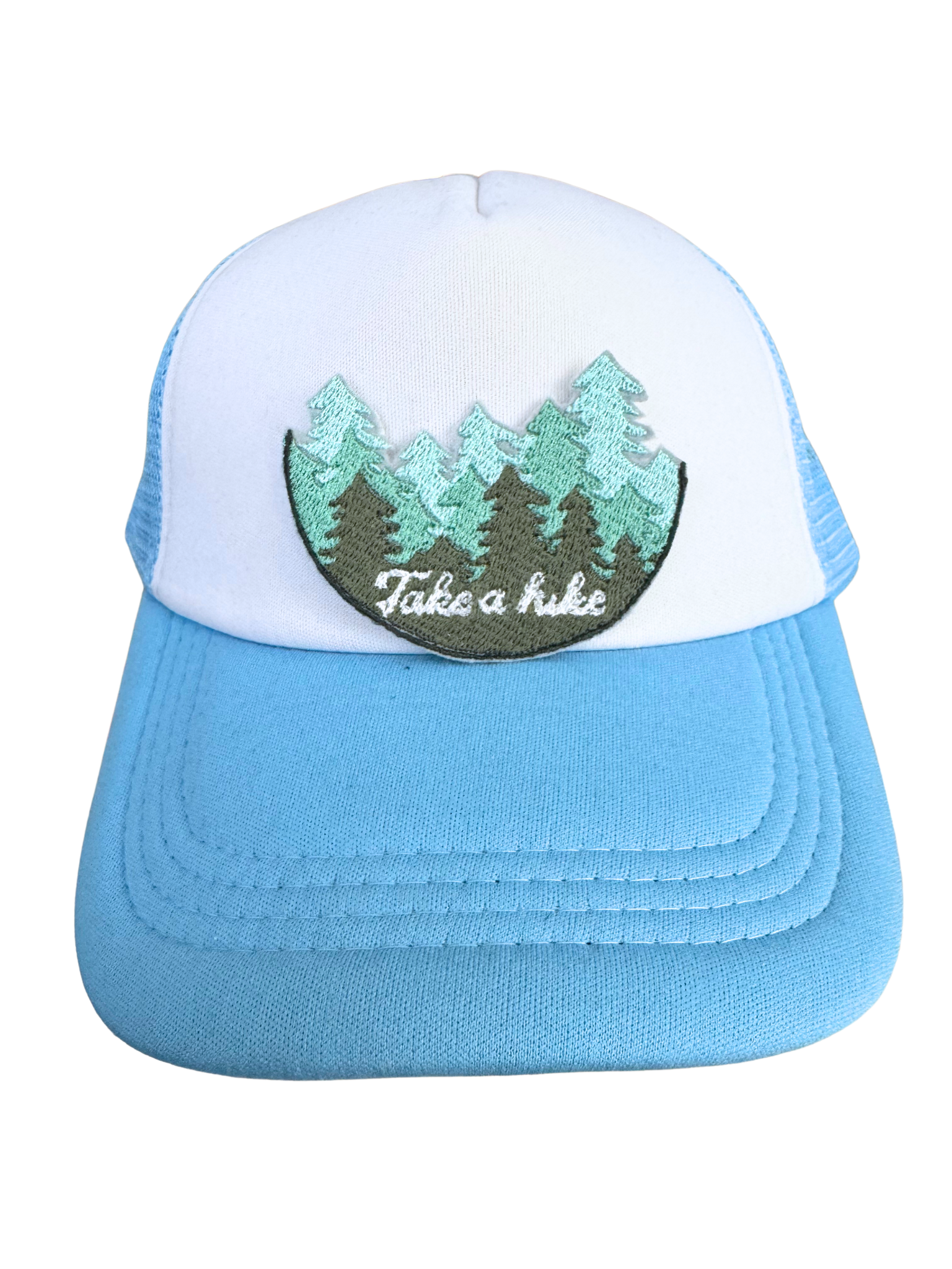 Blue and white trucker hat featuring the "Take a Hike" embroidered patch, handmade and perfect for outdoor lovers.
