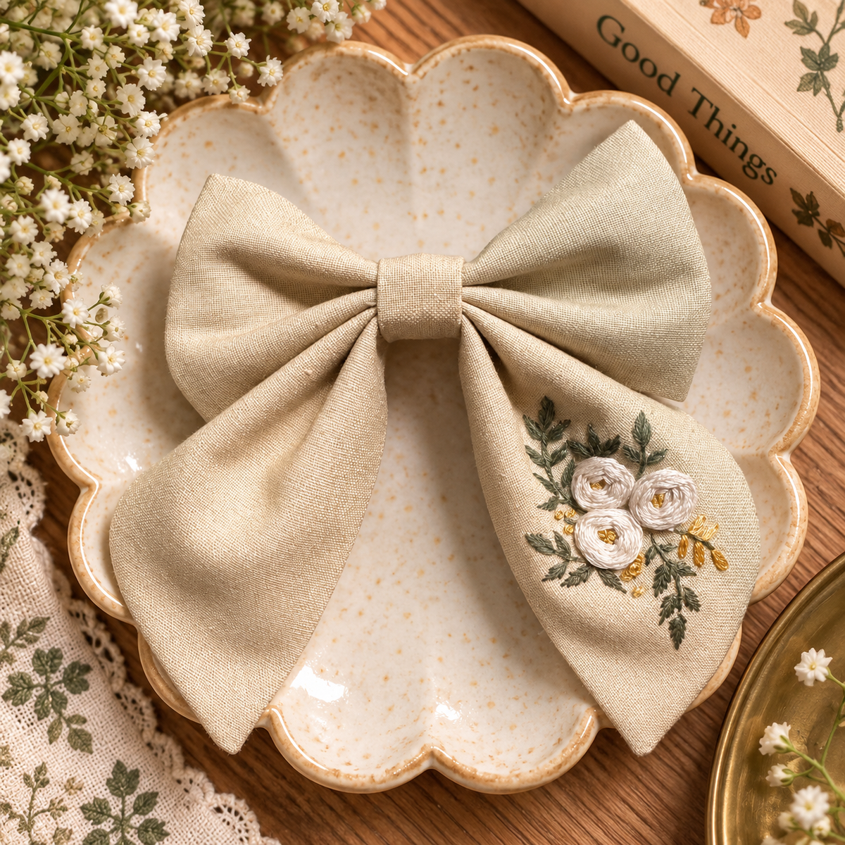 Hand-embroidered tan linen bow clip with ivory floral stitching