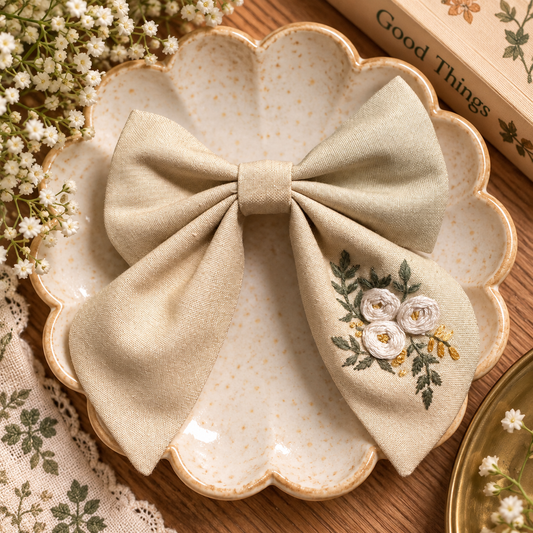 Hand-embroidered tan linen bow clip with ivory floral stitching