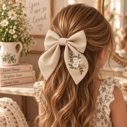 Hand-embroidered tan linen bow clip worn in girl's hair