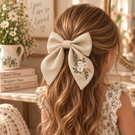 Hand-embroidered tan linen bow clip worn in girl's hair