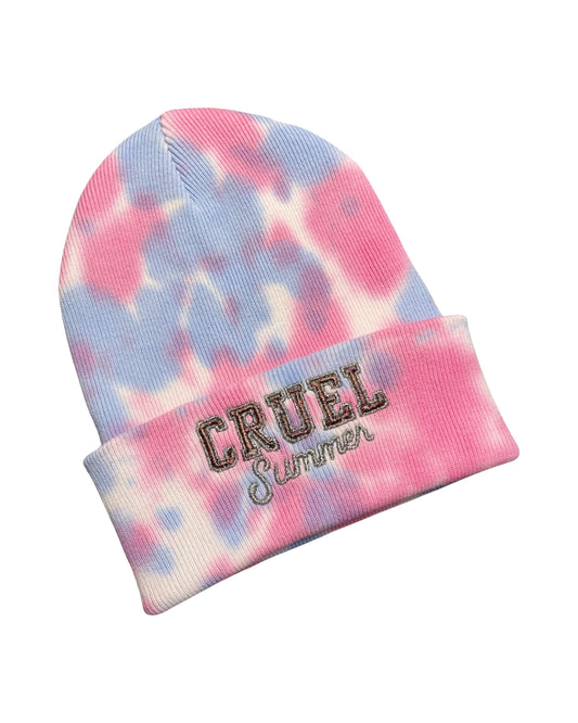 Taylor Swift Cruel Summer pink and blue tie dye embroidered knit beanie