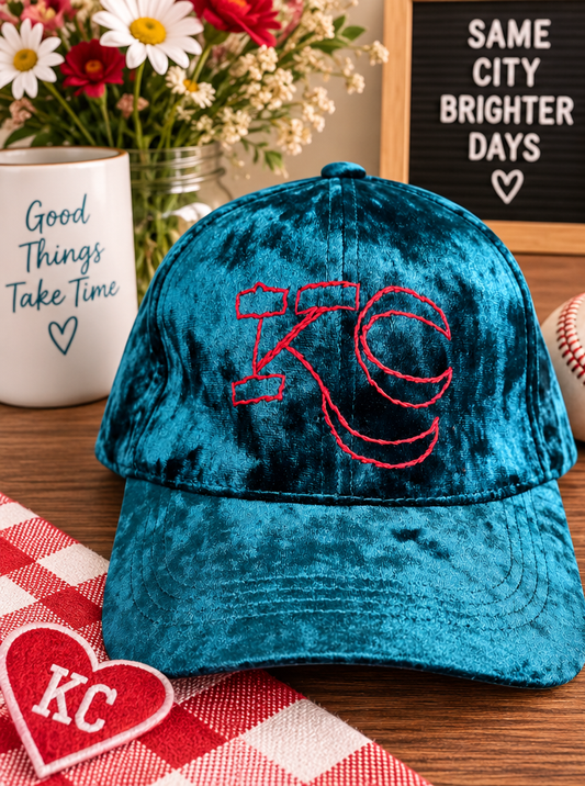 Teal velvet hand-embroidered KC hat styled product photo