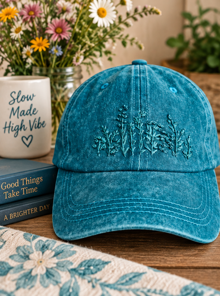 Teal hand-embroidered wildflower hat styled product photo