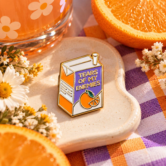 Tears of My Enemies retro juice box enamel pin styled hero image
