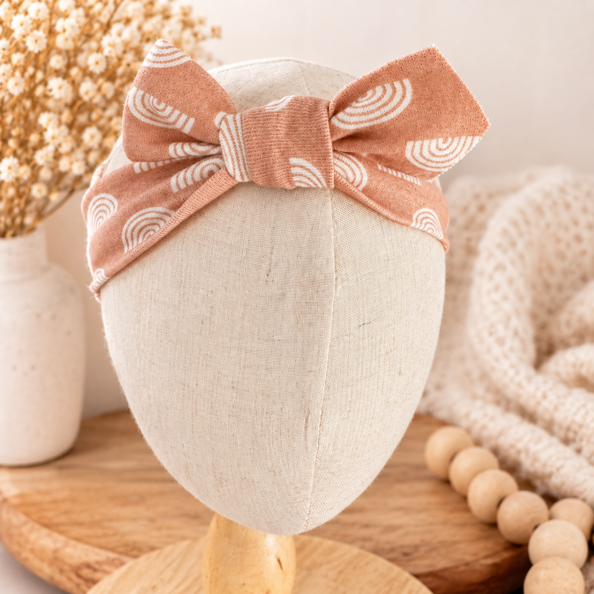 Terracotta rainbow organic cotton baby bow headband hero