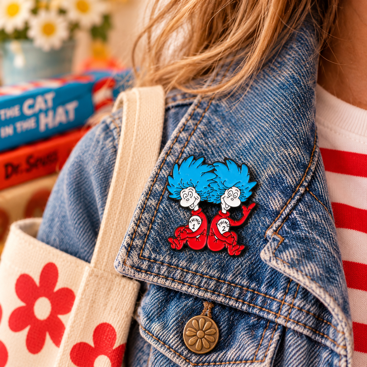 Thing 1 and Thing 2 enamel pin styled on denim jacket