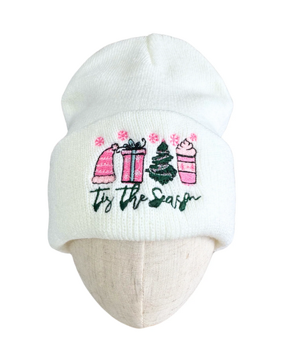 Original product photo of white beanie with pink and green Tis the Season embroidery