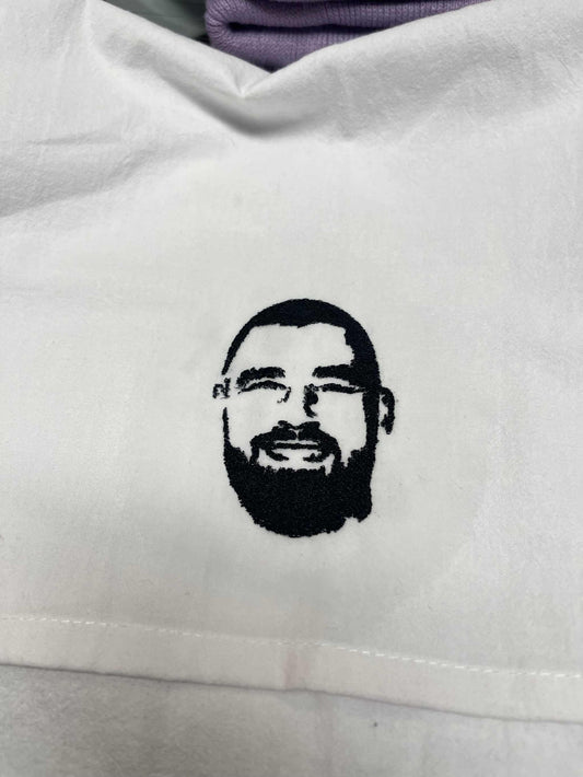 Extra large flour sack kitchen towel with embroidered face, customizable text option.