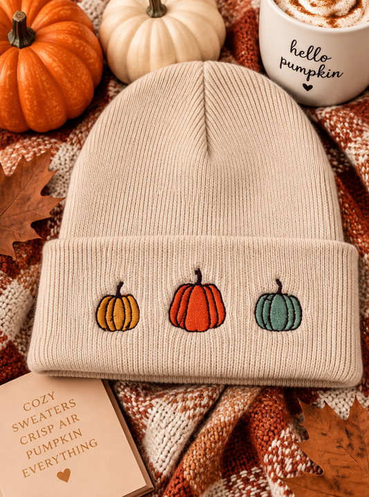 Triple Pumpkin embroidered beanie styled fall product photo
