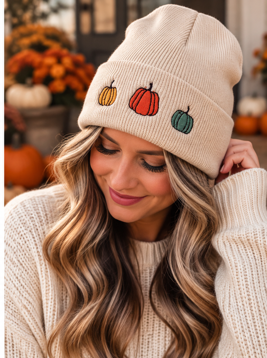 Triple Pumpkin embroidered beanie lifestyle photo