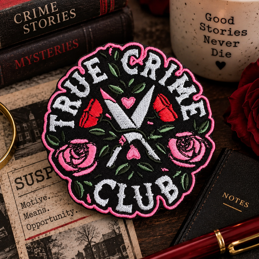 True Crime Club embroidered patch styled with dark mystery books, notes and roses