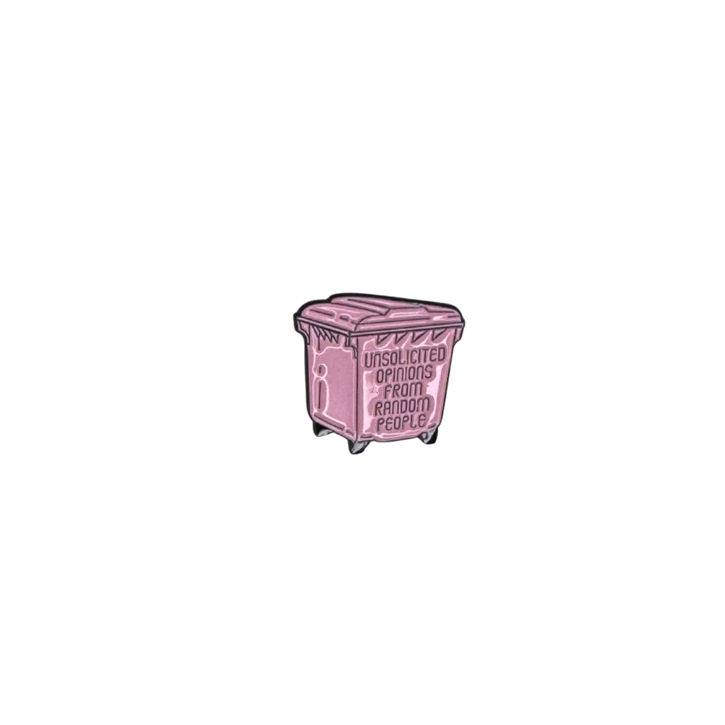 Close-up of the pink dumpster enamel pin on a white background

