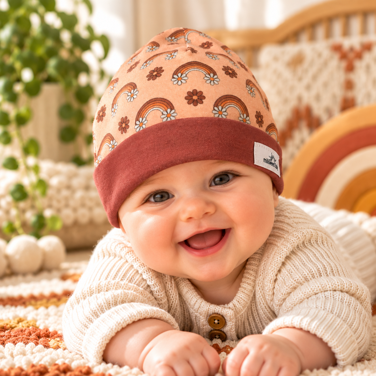 Baby wearing peach vintage rainbow and flower beanie with rust cuff in a cozy nursery