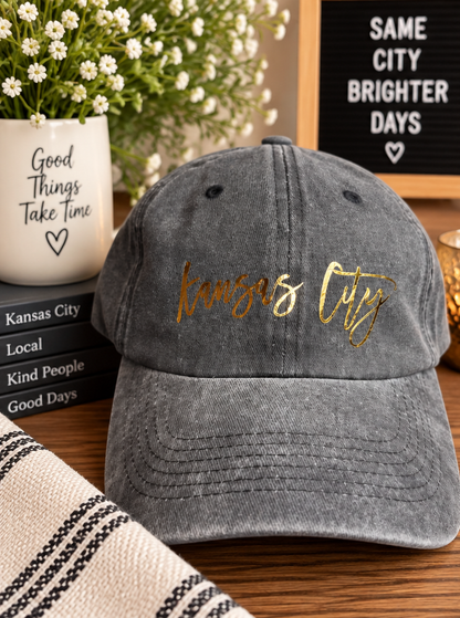 Washed gray Kansas City baseball hat with gold script styled product photo
