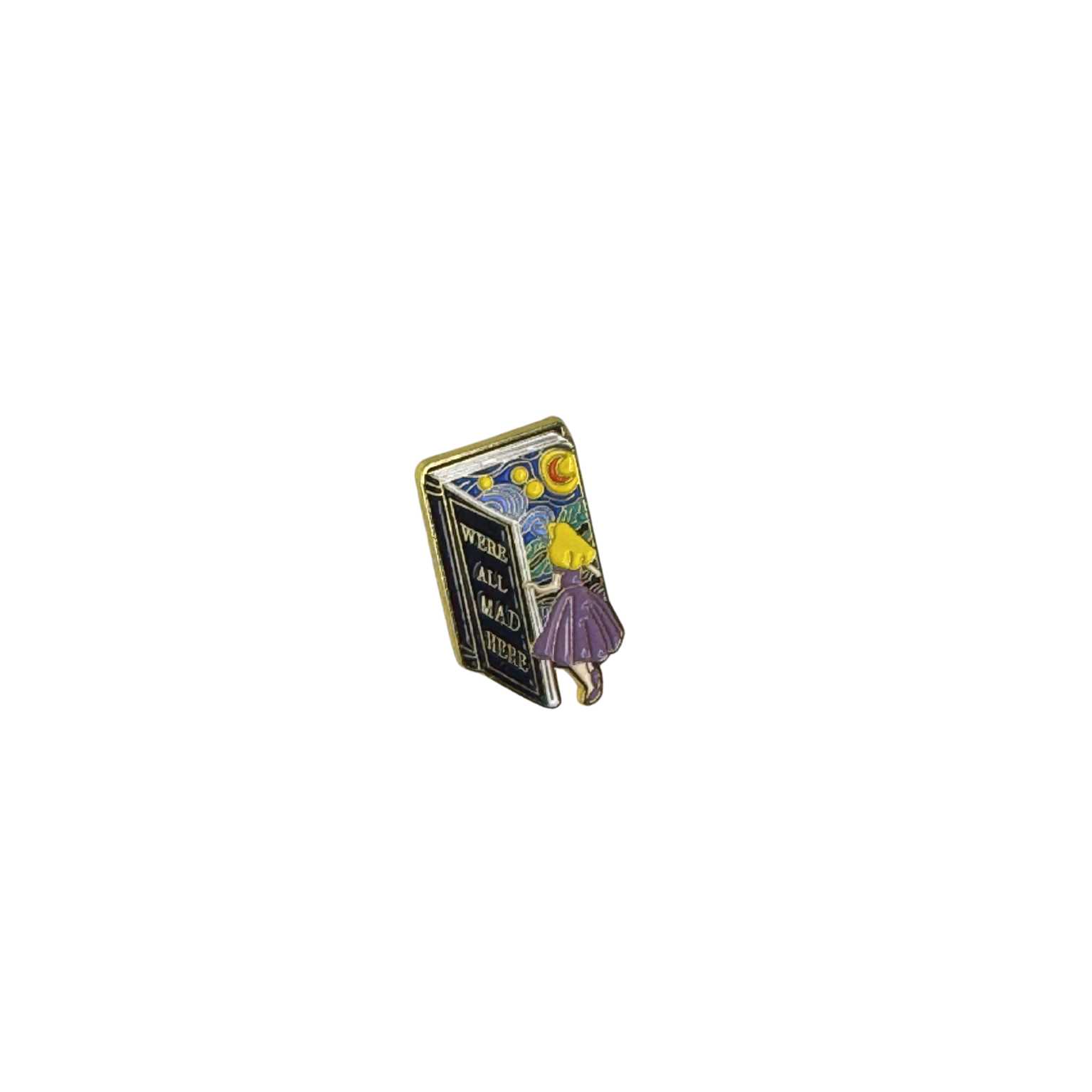 Enamel pin shaped like a storybook with Alice and the quote “We’re All Mad Here”