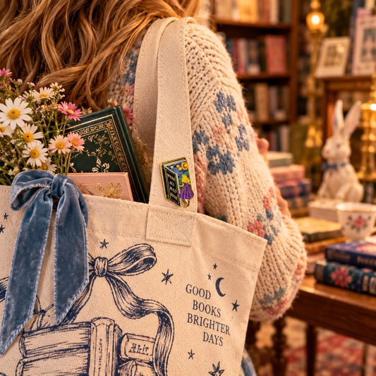 We’re All Mad Here enamel pin on book tote in cozy bookstore lifestyle image