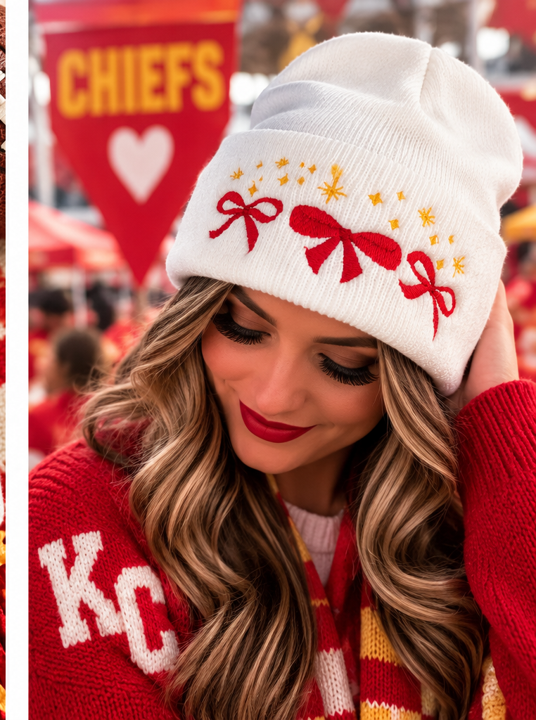 Model wearing white embroidered beanie with red bows and gold stars in a Kansas City game-day setting