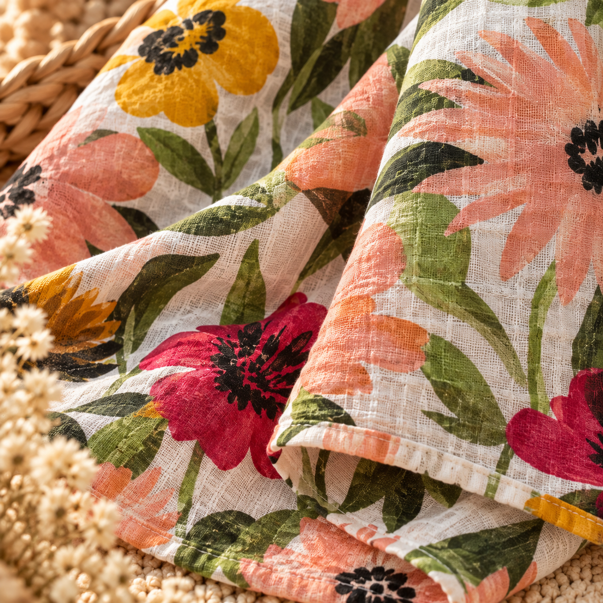 Close-up of painterly wildflower cotton gauze swaddle fabric and finished edge