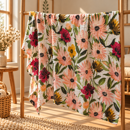 Painterly wildflower cotton gauze swaddle shown full size and draped on a wooden rack